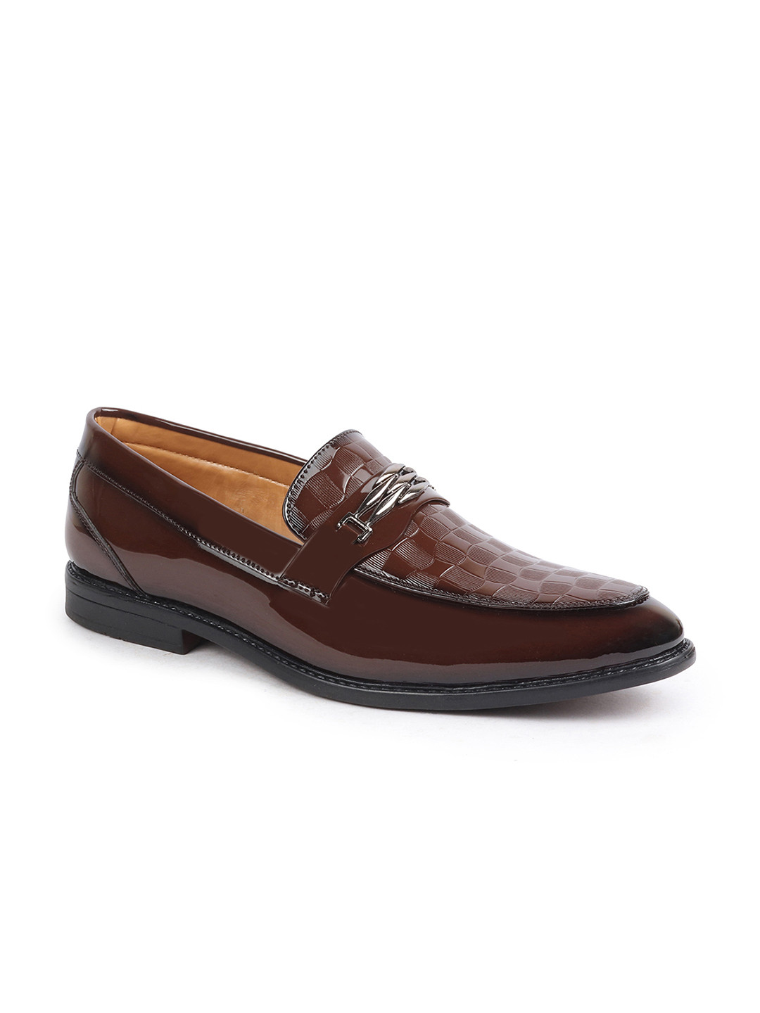 FAUSTO Men Tan Patent Leather Slip-On Loafers