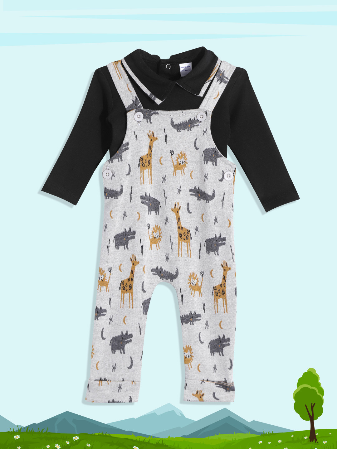 Moms Love Infant Boys Black & Grey Pure Cotton Conversational Print Dungaree with T-Shirt