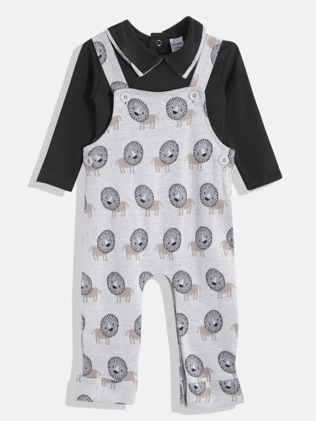 Moms Love Infant Boys Black & Grey Pure Cotton Conversational Print Dungaree with T-Shirt