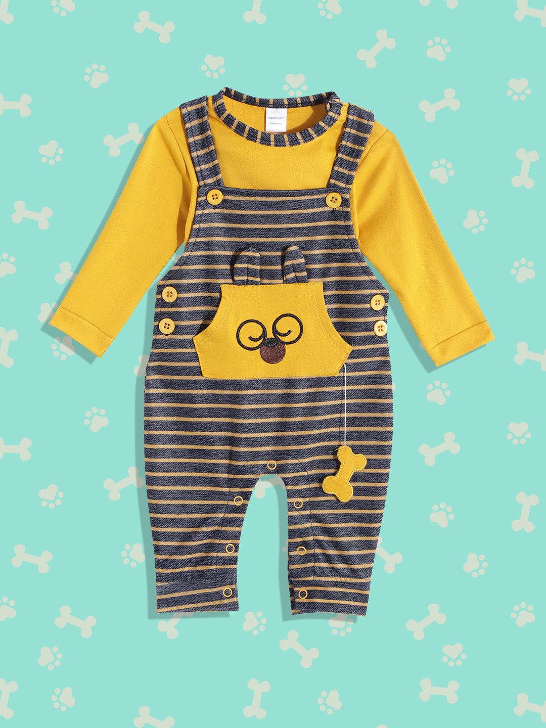 Moms Love Infant Boys Mustard Yellow & Navy Blue Striped Dungaree with T-shirt