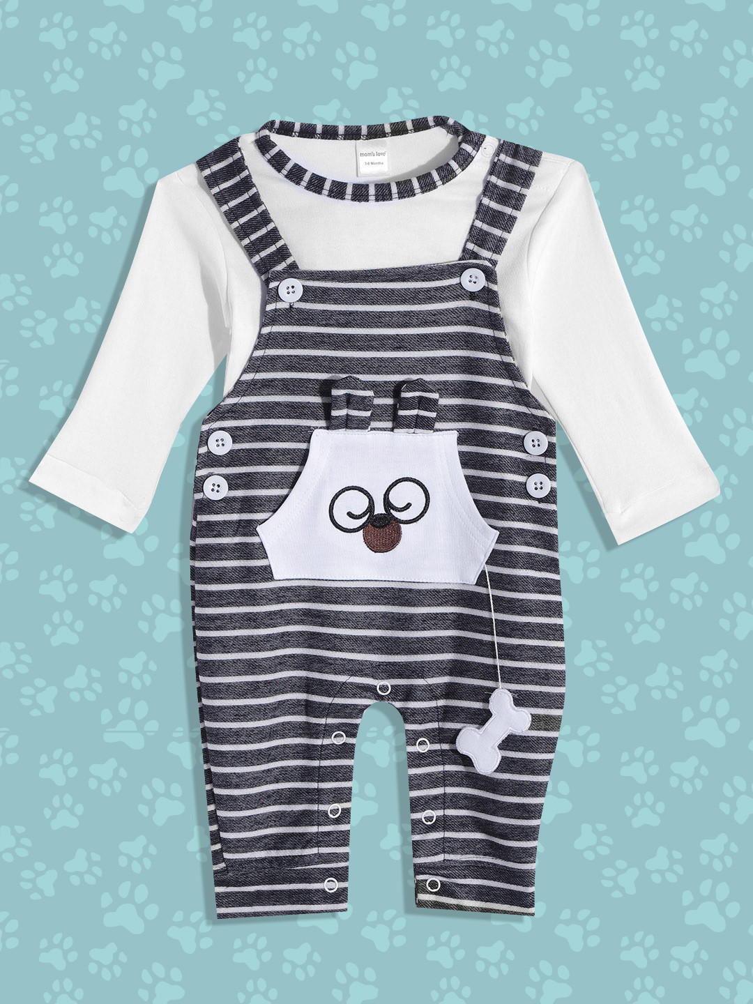 Moms Love Infant Boys Navy Blue & White Pure Cotton Striped Dungaree with T-shirt
