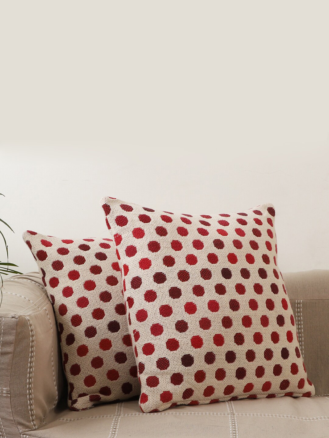 Jamio Firati Beige Polka Dots Cotton 2 Piece Textured Square Cushion Covers -18x18In
