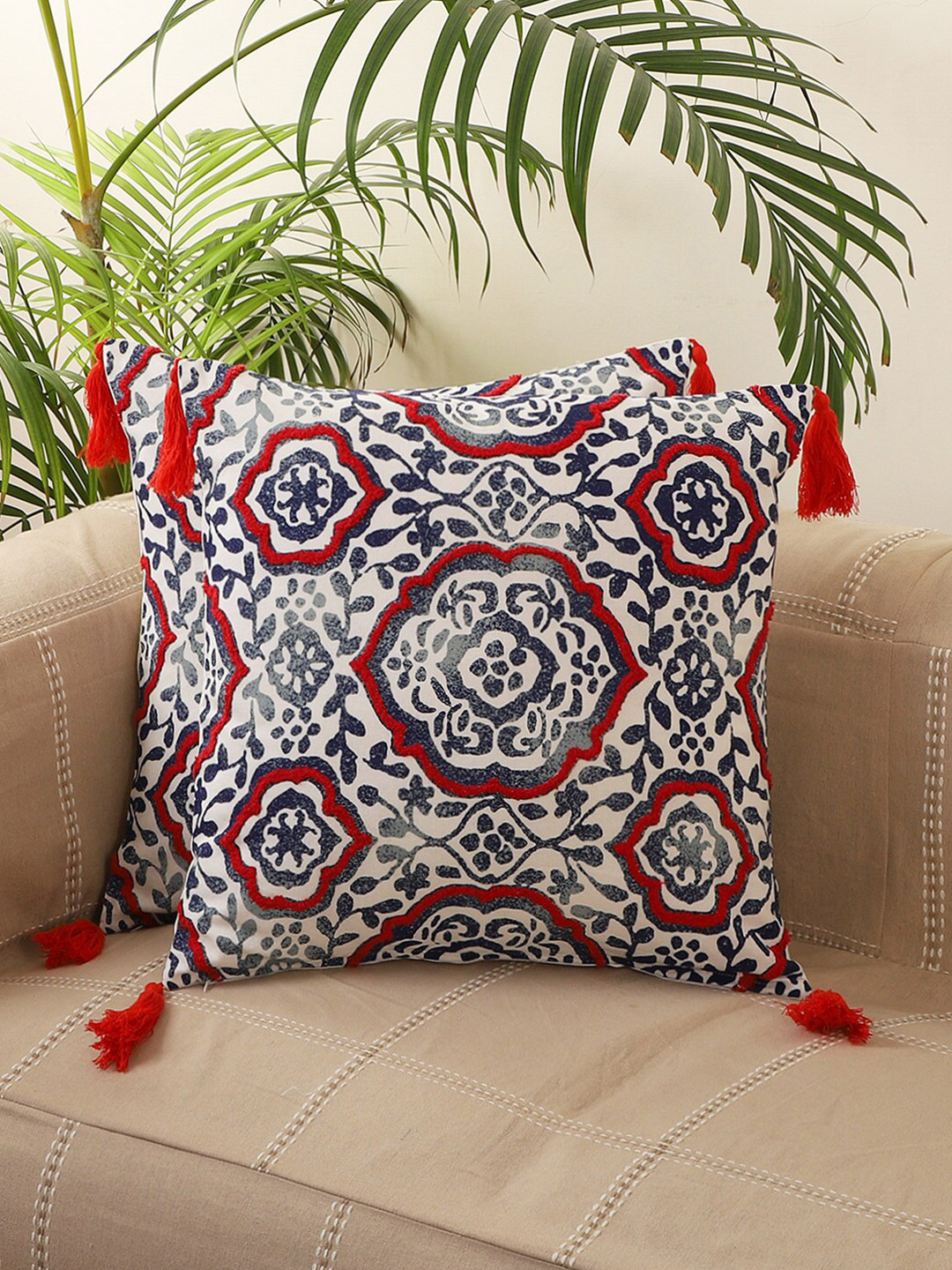 Jamio Firati Blue & Off White Set of 2 Embroidered Square Cushion Covers