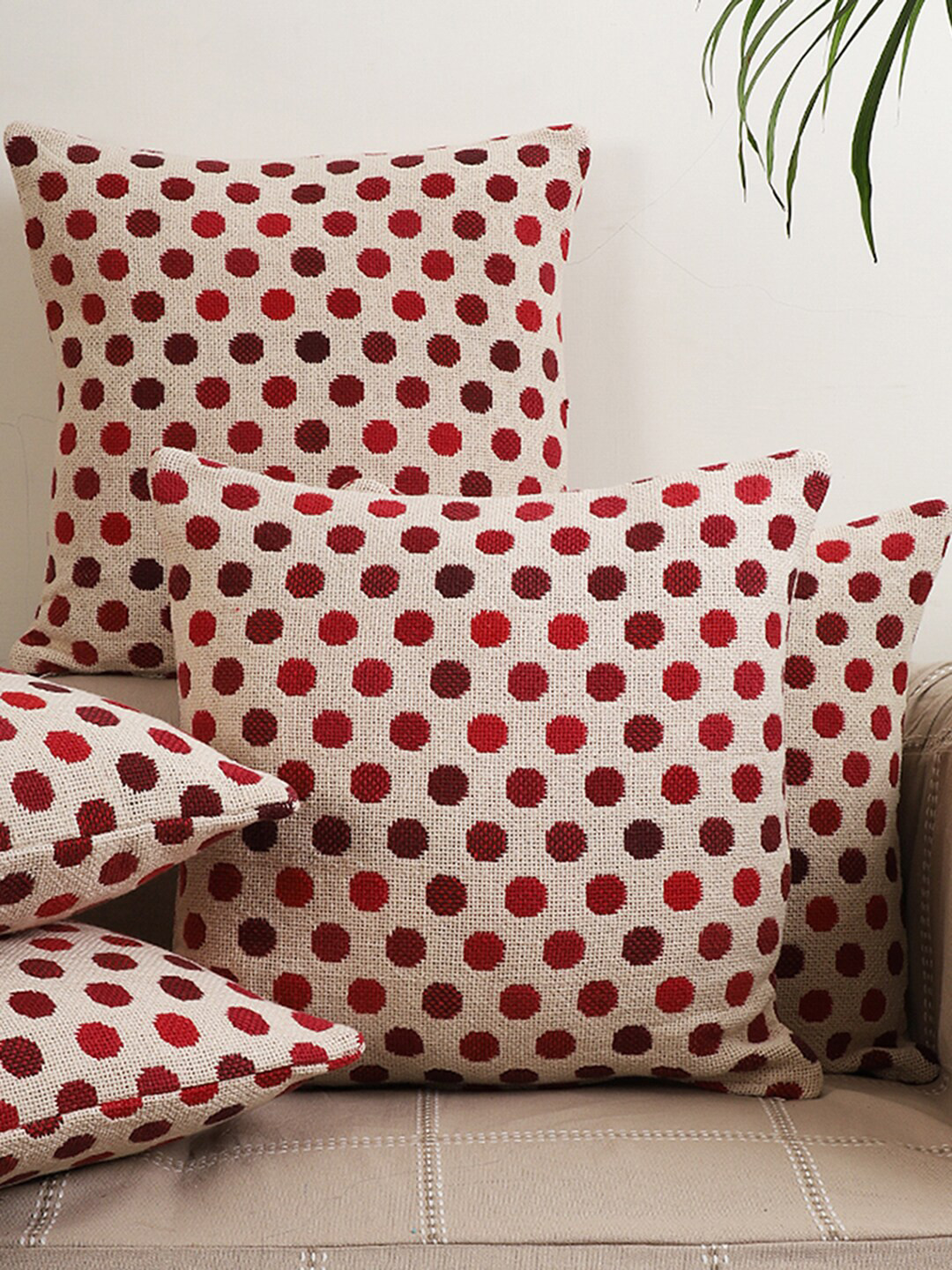 Jamio Firati Beige & Maroon Set of 2 Polka Dot Square Cushion Covers