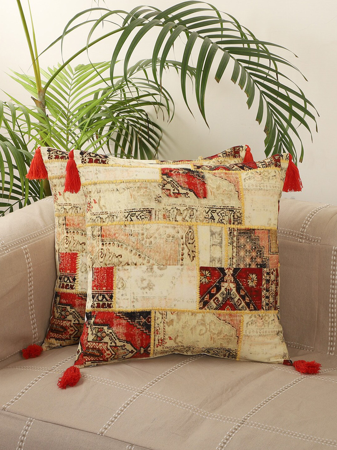 Jamio Firati Tassels Multicoloured Cotton 2 Pcs Embroidered Square Cushion Covers -18x18In