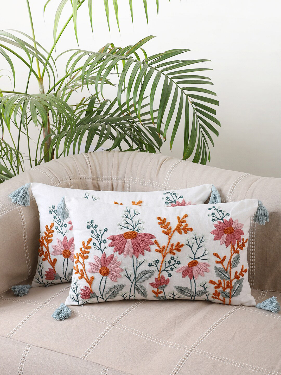 Jamio Firati White & Red Embroidered Rectangle Cushion Covers