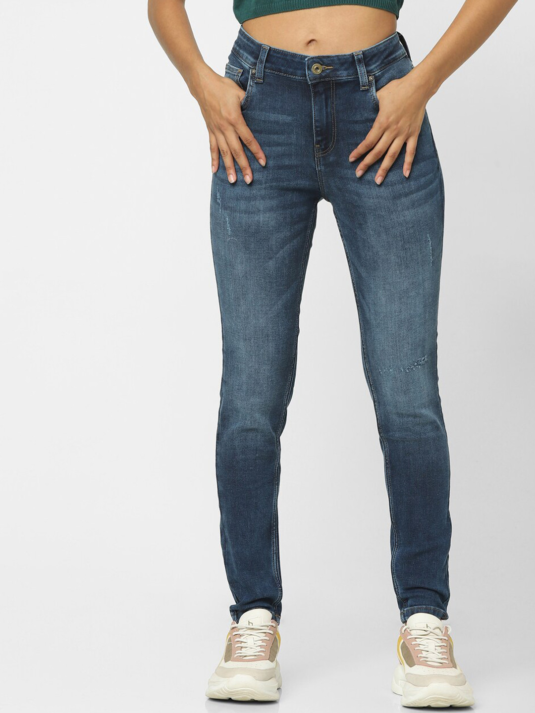 ONLY Women Blue Slim Fit High-Rise Low Distress Heavy Fade Jeans