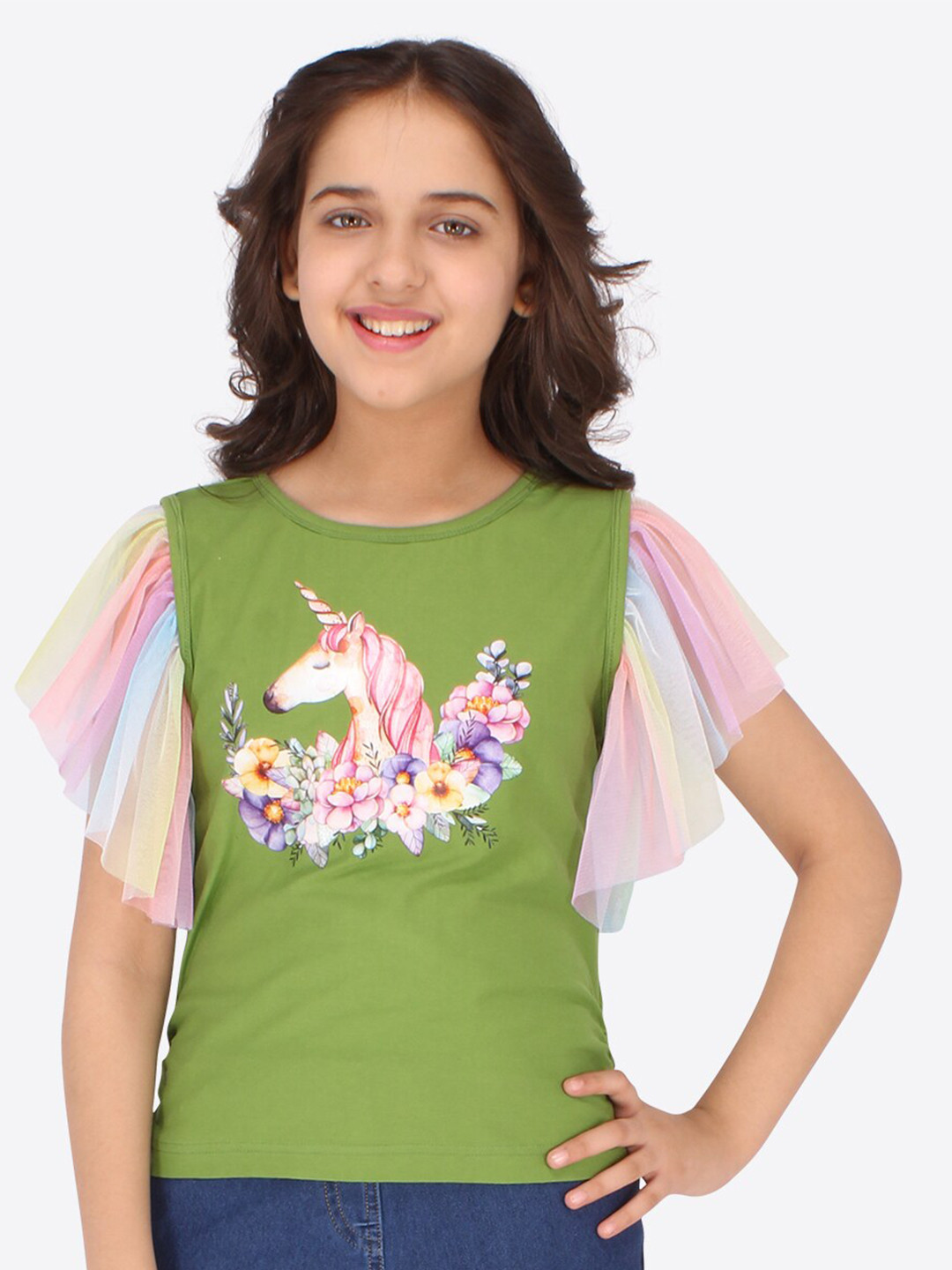 CUTECUMBER Girls Green Floral Printed Top