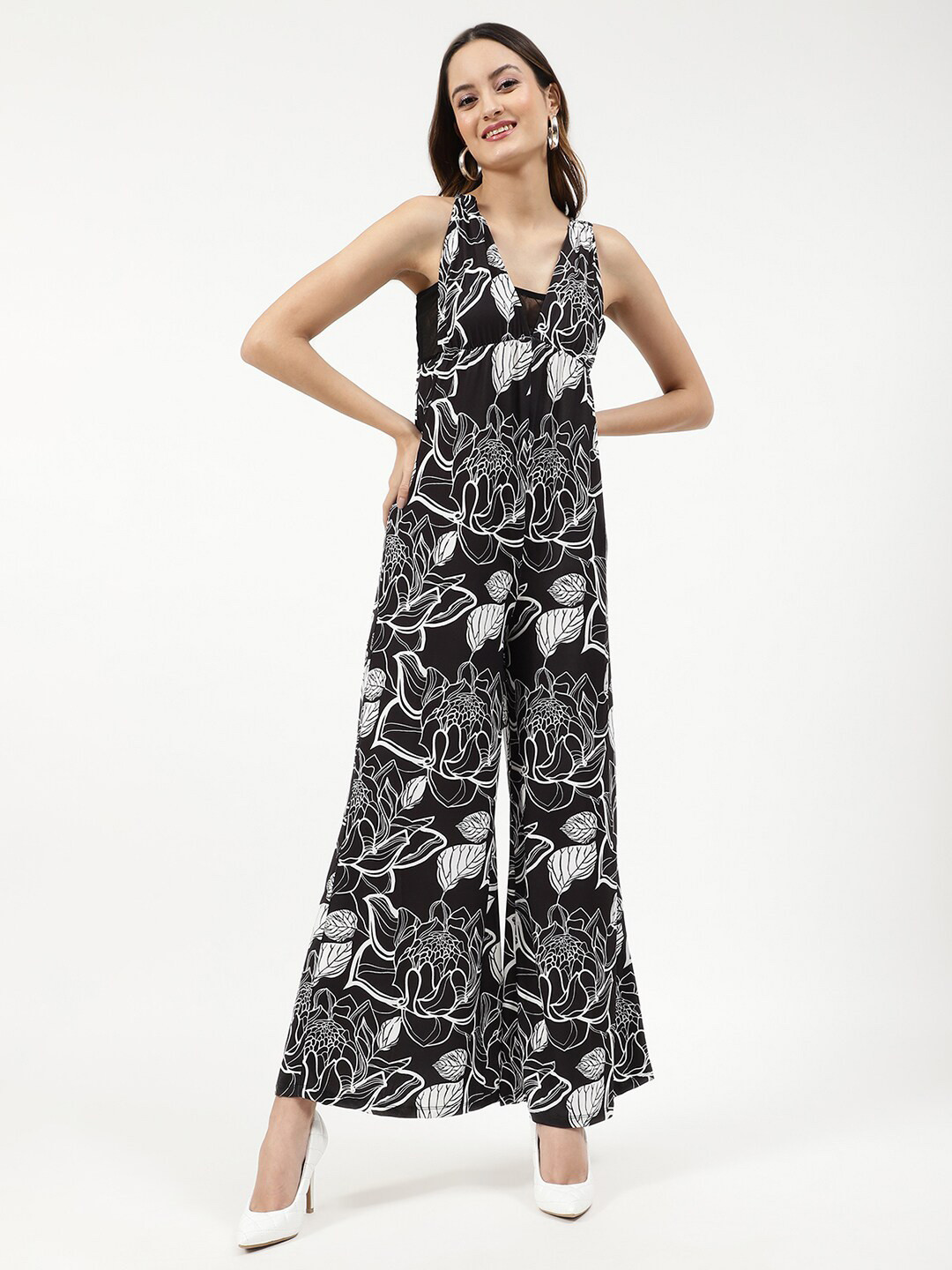 KENDALL & KYLIE Black & White Printed Basic Jumpsuit