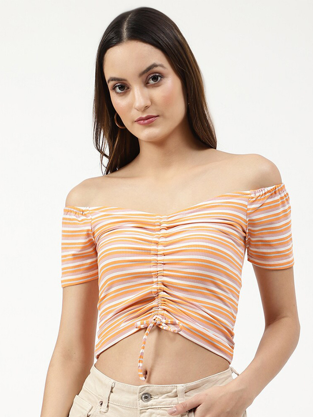 ELLE Orange Striped Off-Shoulder Bardot Crop Top