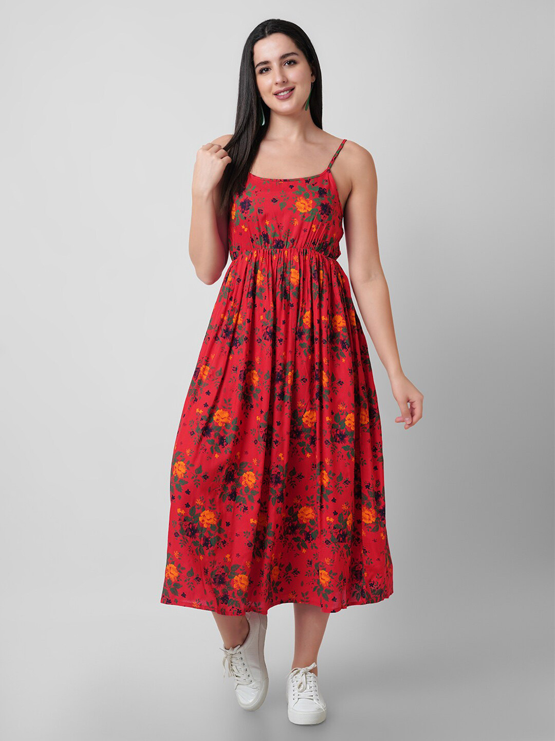 Mollar Red & philippine Red Floral Fit & Flare Dress
