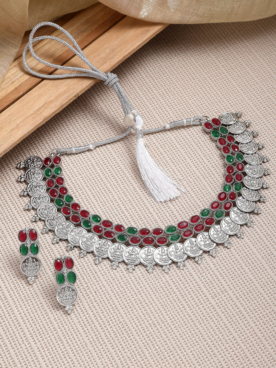 ZENEME Red & Green Stone-Studded Oxidised Temple Coin Jewellery Set