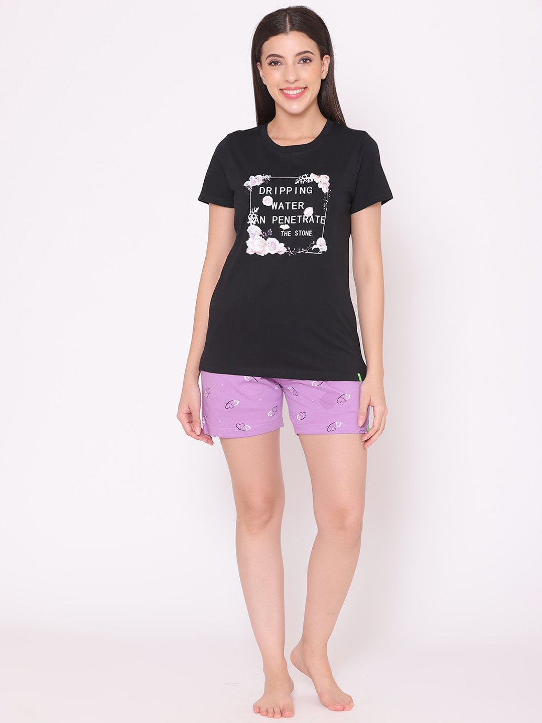 TITTLI Women Black & Purple Printed Night suit