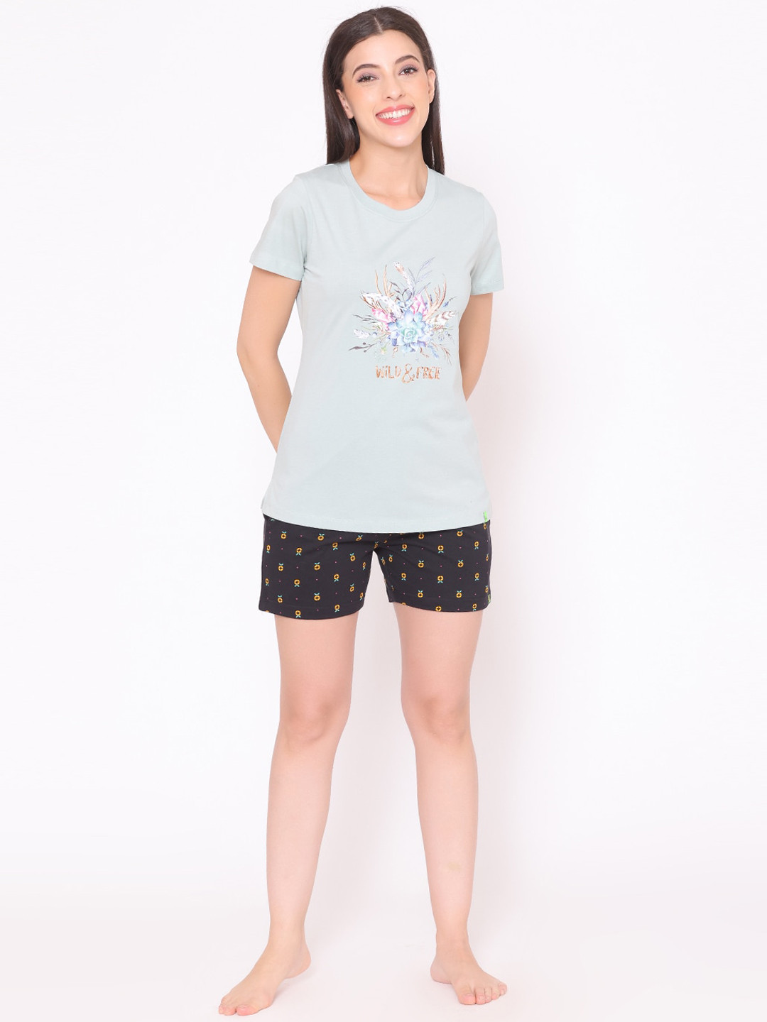 TITTLI Women Grey & Blue Printed Night suit