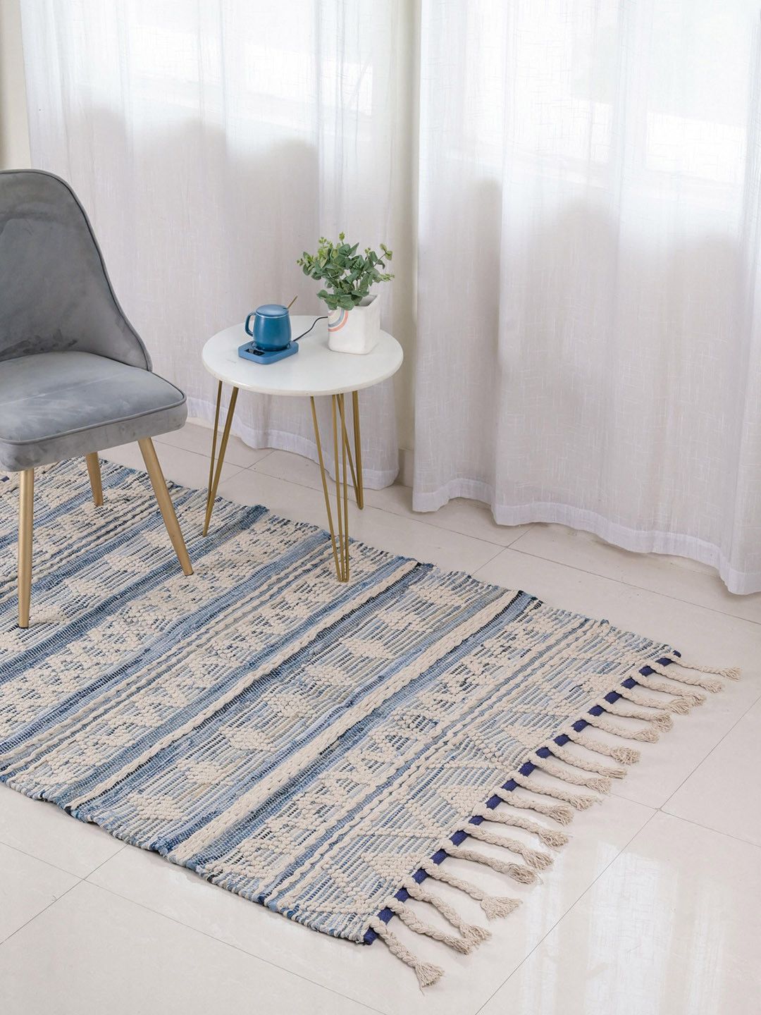 Nestasia Blue Geometric Printed Boho Cotton Carpet