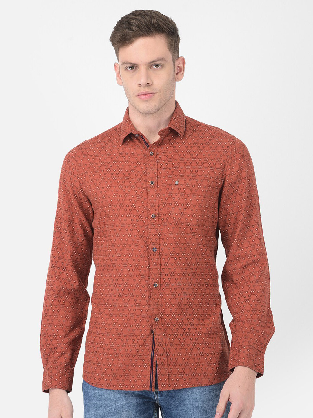 Turtle Men Orange Slim Fit Printed Semiformal Cotton Shirt