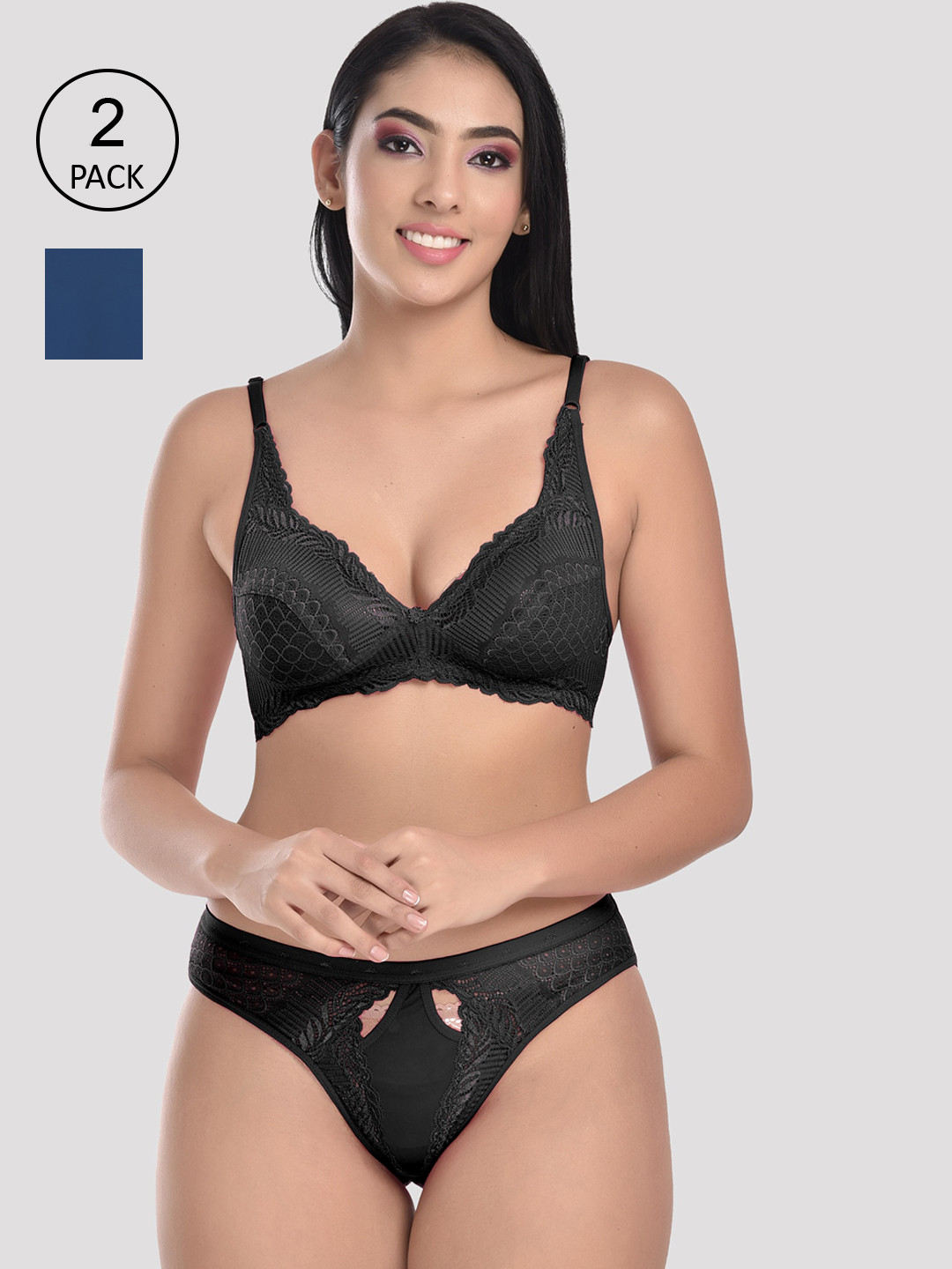 StyFun Women Pack Of 2 Solid Lingerie Set S_Stone_Set_2_BlackBlue_B