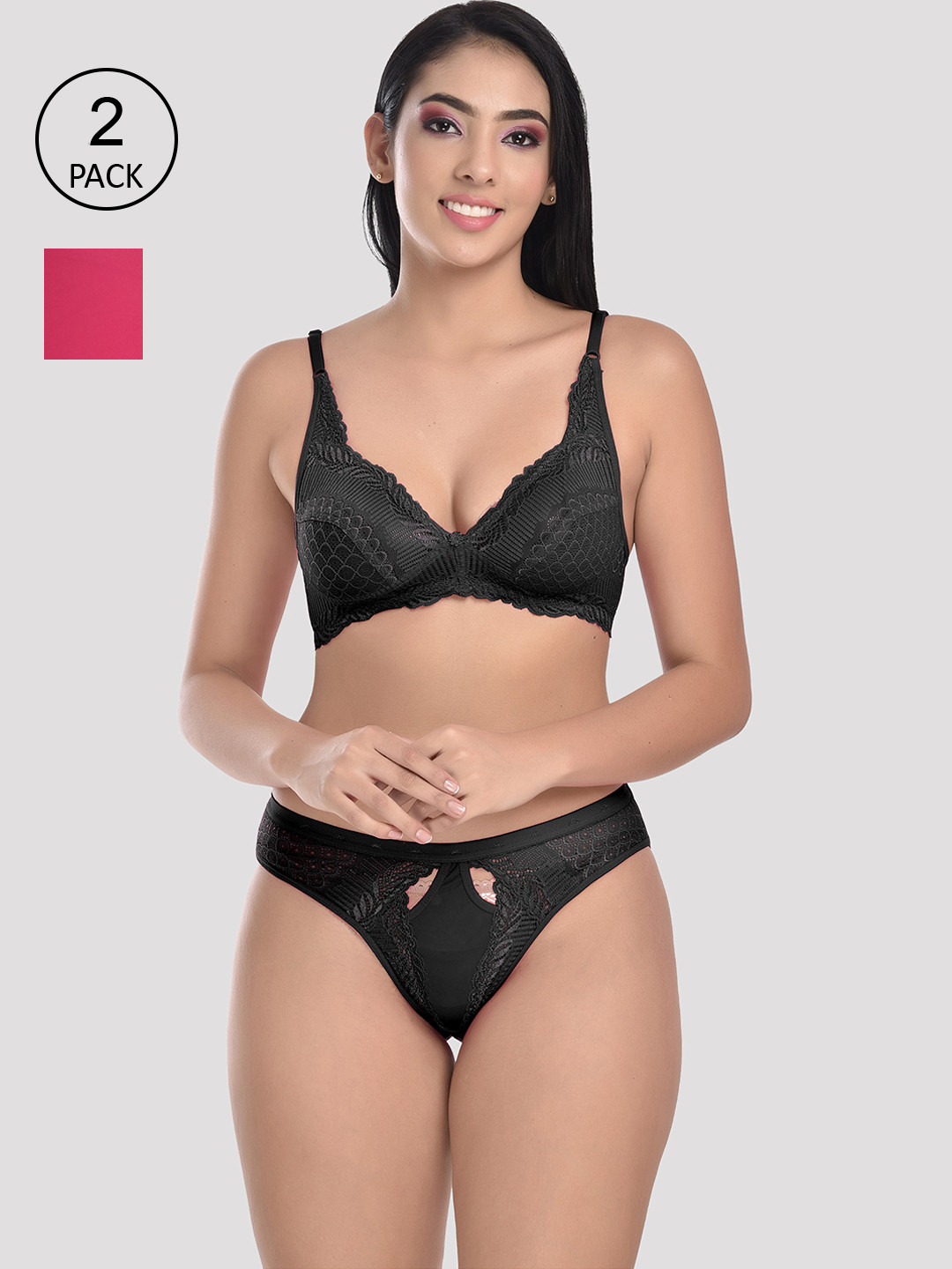StyFun Women Pack of 2 Black & Pink Self-Design Lingerie Sets-S_Stone_Set_2_BlackPink