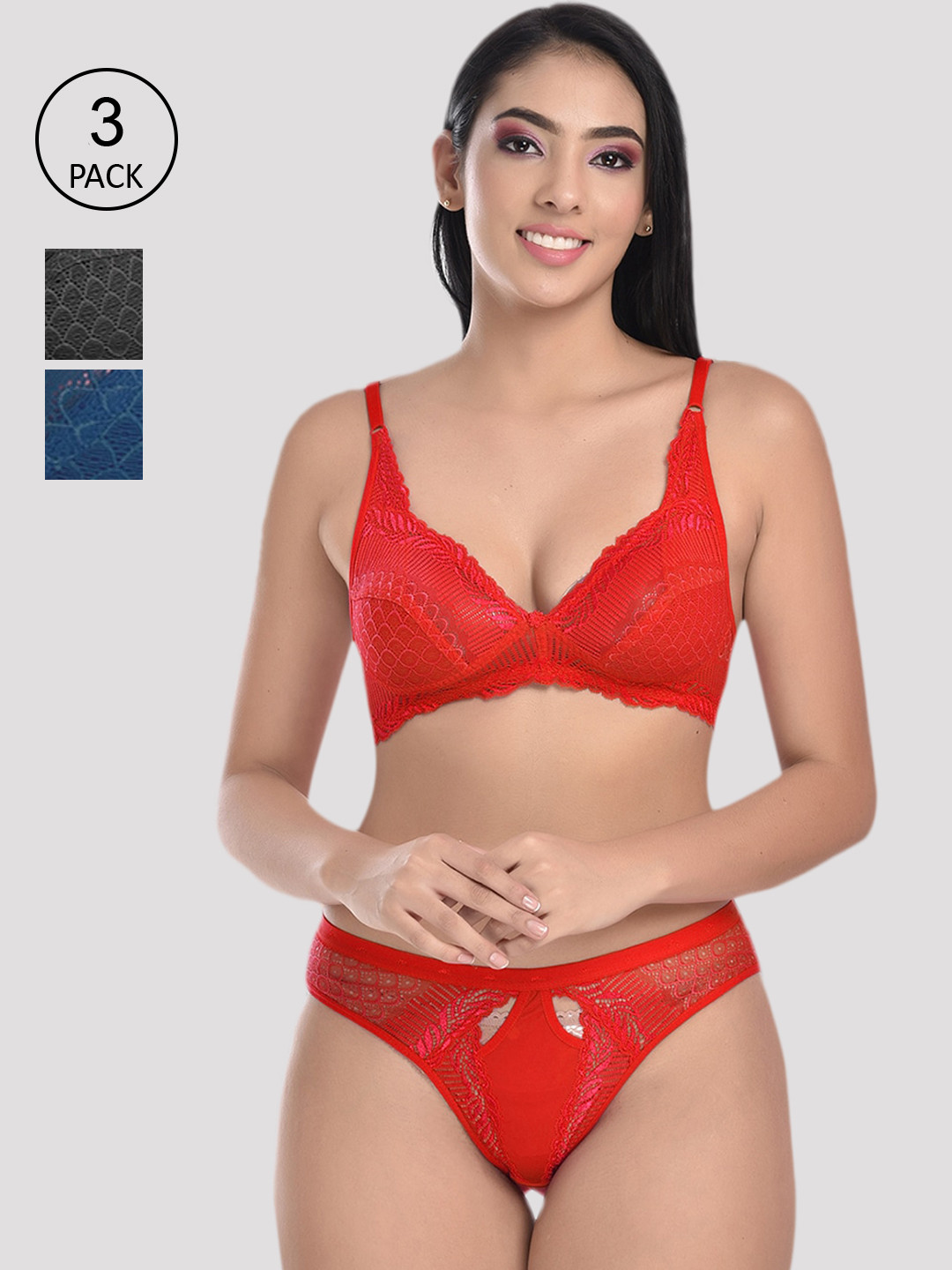 StyFun Women Pack of 3 Self Design Lingerie Set S_Stone_Set_3_BlackRedBlue_B-Multicolor