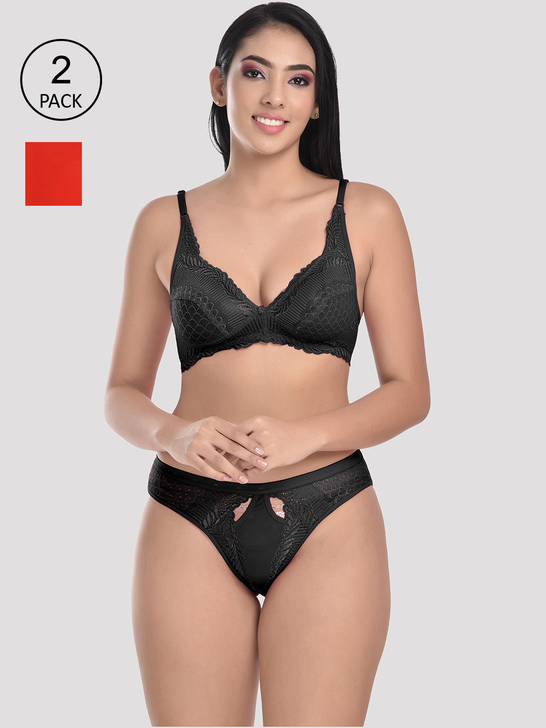 StyFun Women Pack Of 2 Solid Black, Red Lingerie Set  S_Stone_Set_2_BlackRed_B