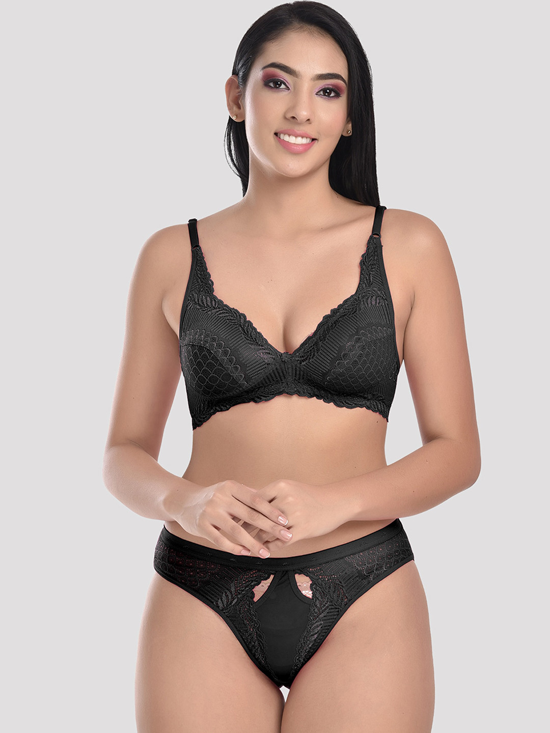StyFun Women Black Self Design Lingerie Set S_Stone_Set_Black_B