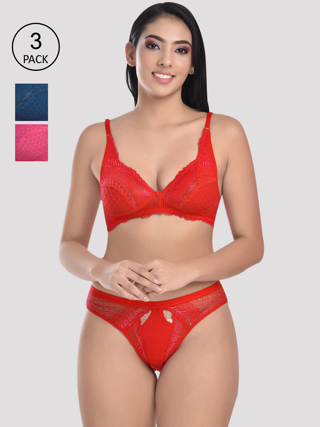 StyFun Women Pack of 3 Solid Lingerie Set   S_Stone_Set_3_RedPinkBlue_B