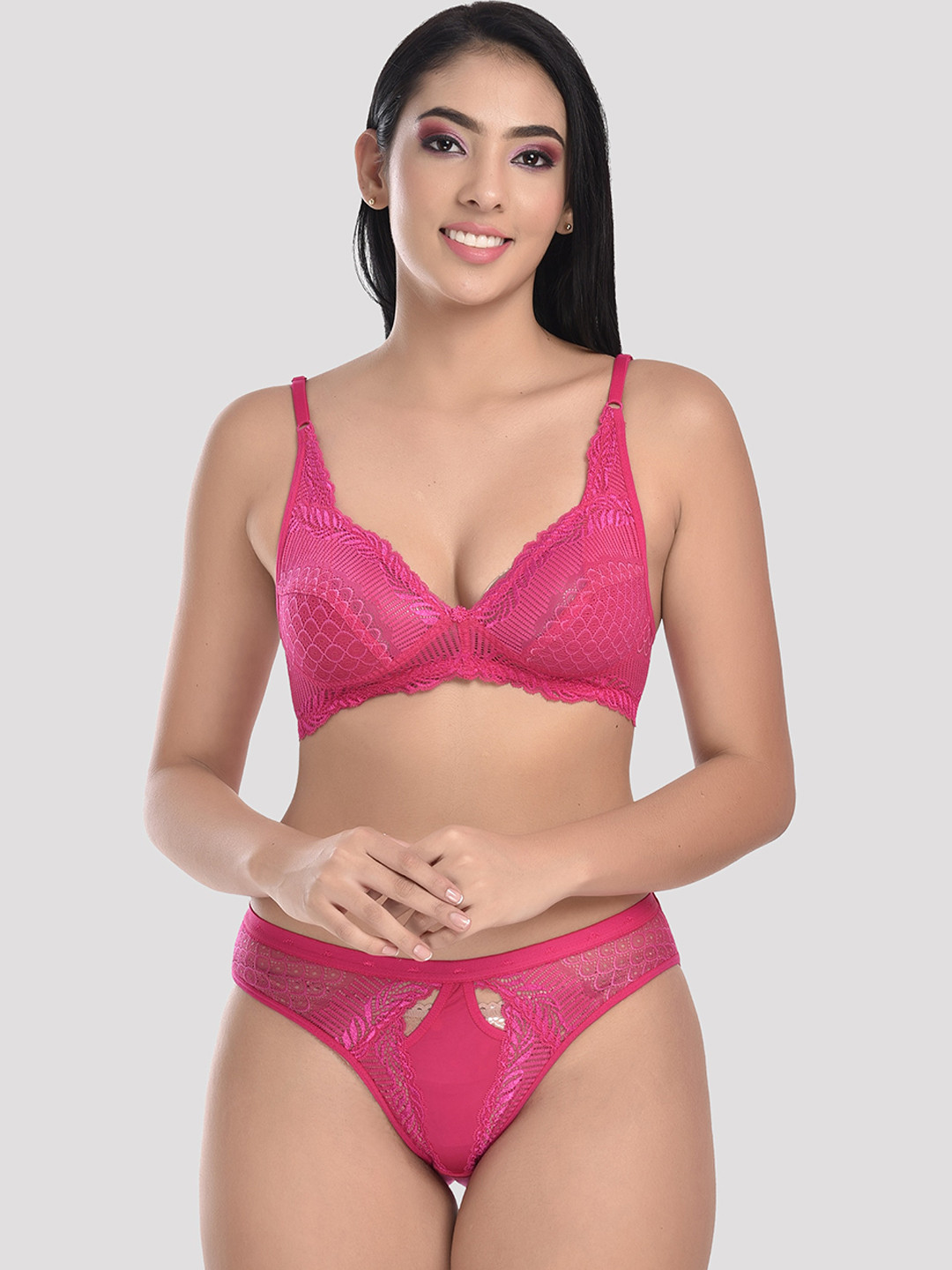 StyFun Pink Cotton Lycra Net Floral Lingerie Set S_Stone_Set_Pink_B-Pink