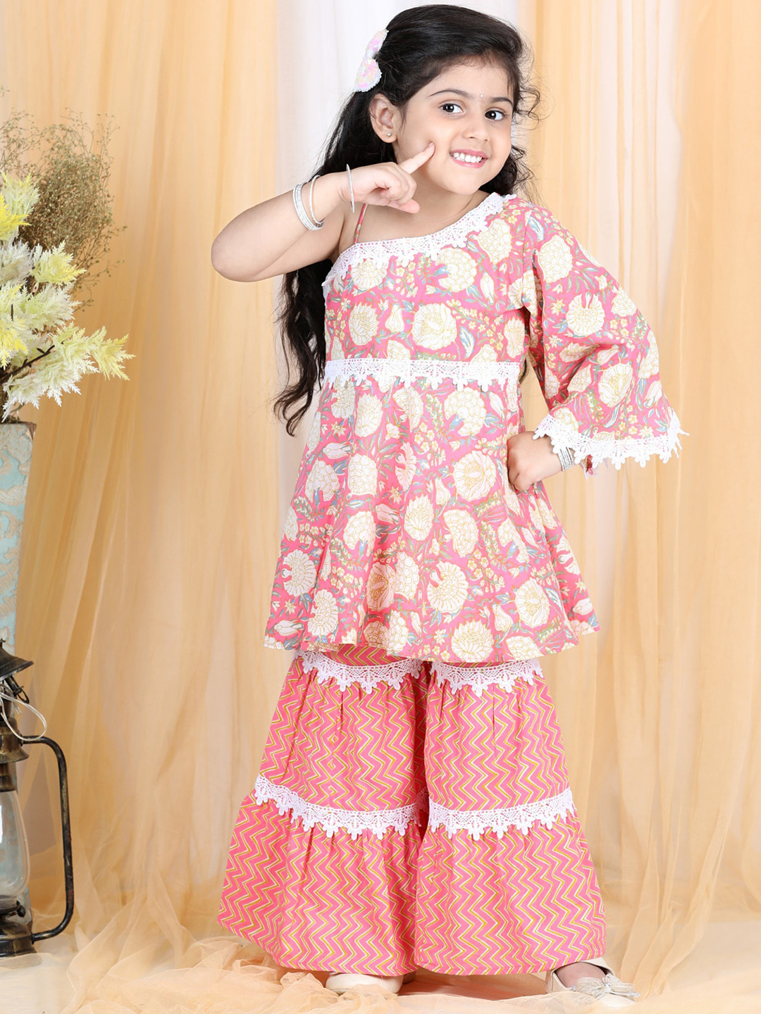 LIL PITAARA Girls Peach-Coloured Ethnic Motifs Printed Gotta Patti Pure Cotton Kurti with Sharara