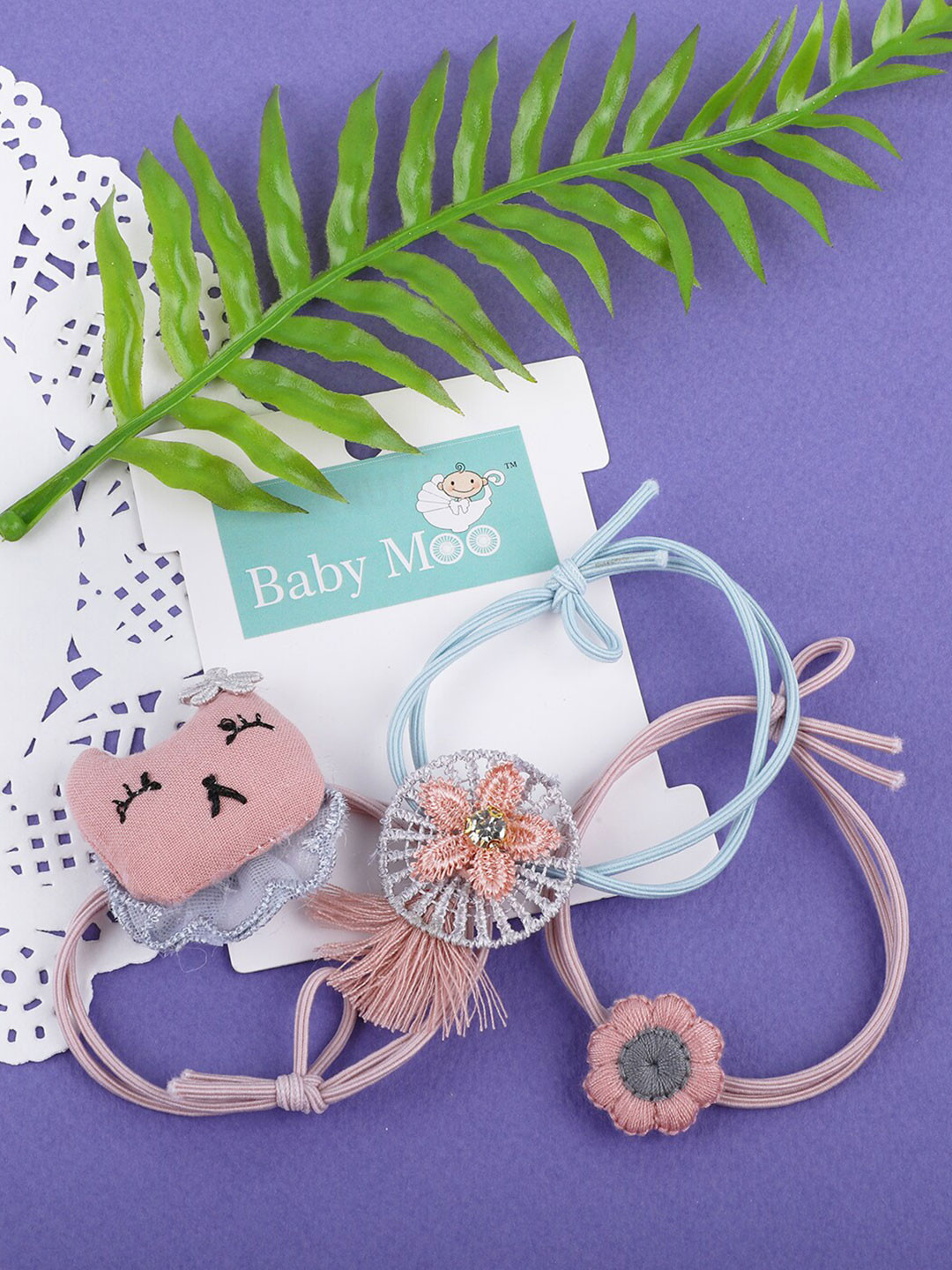 Baby Moo Girls Pink & White Set of 3 Ponytail Holders