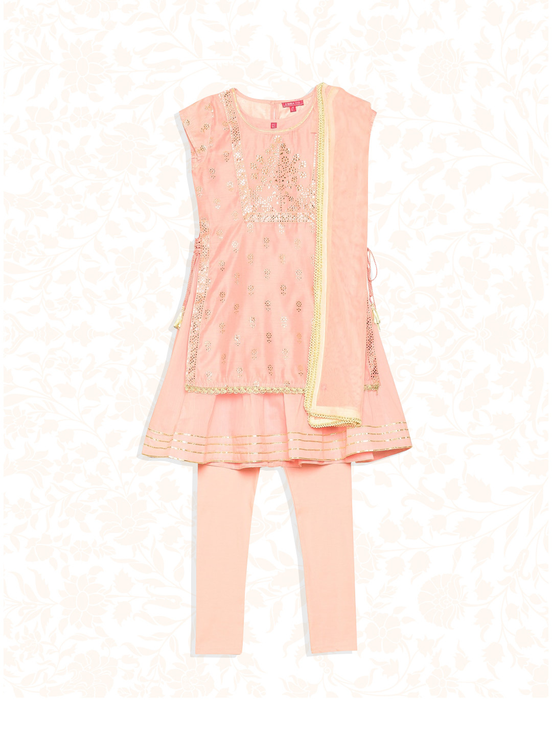 Biba Girls Pink Floral Layered Kurti with Churidar & With Dupatta