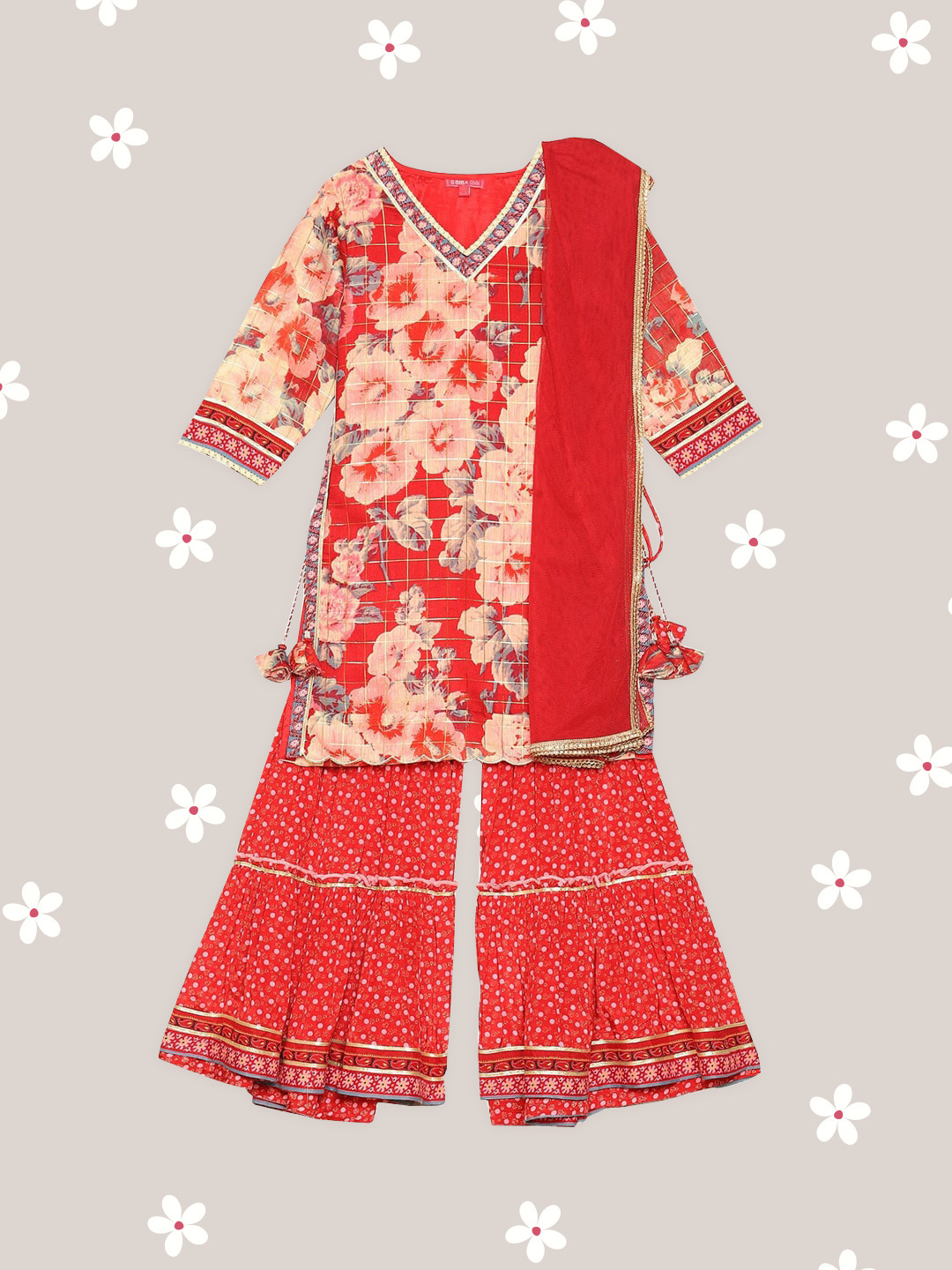 Biba Girls Red Ethnic Motifs Printed Kurta with Sharara & With Dupatta