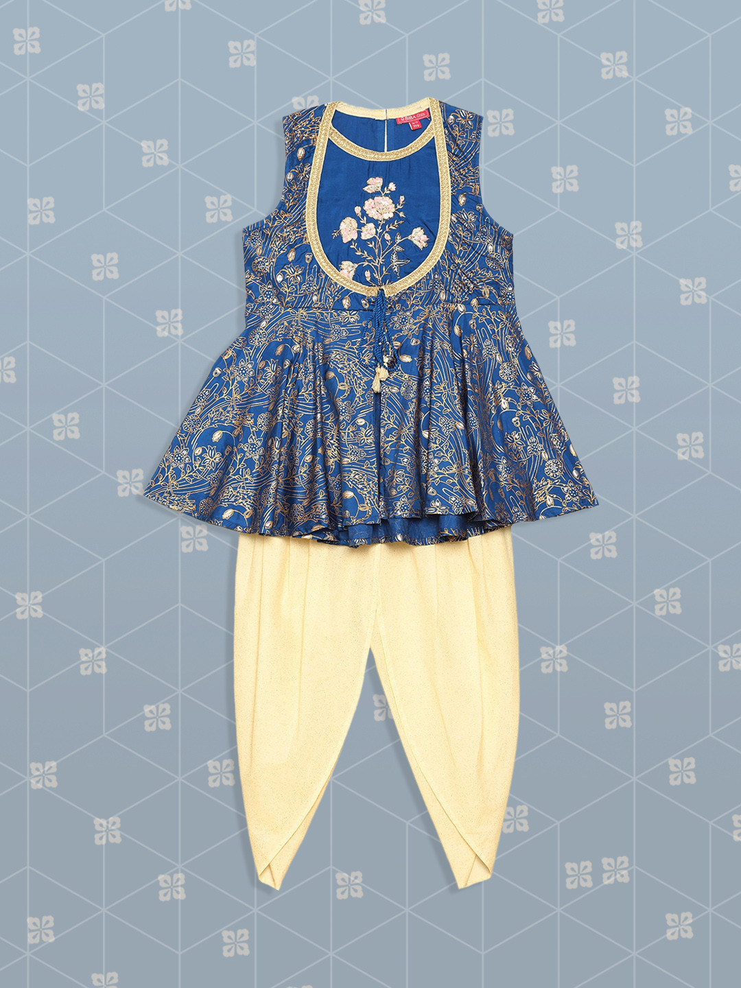 Biba Girls Blue & Cream-Coloured Floral Printed Anarkali Kurta