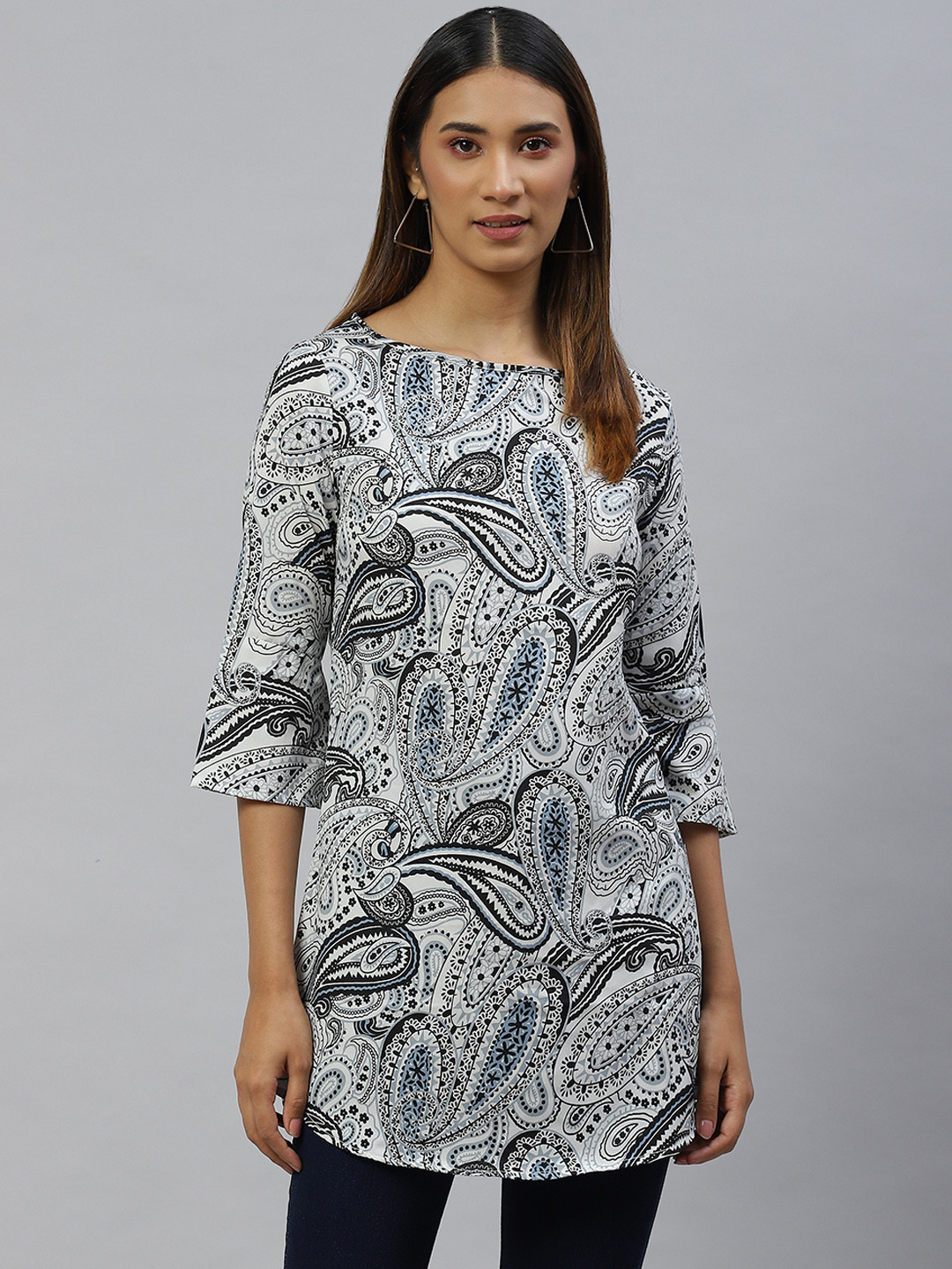VARUSHKA White & Blue Print Crepe Longline Top