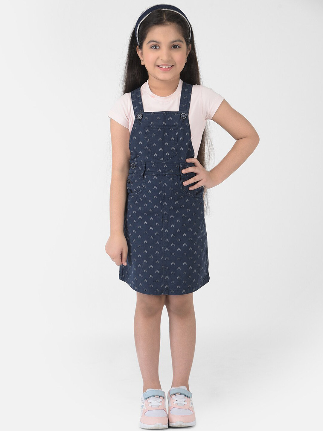 Crimsoune Club Girls Navy Blue & White Printed Pinafore Dress