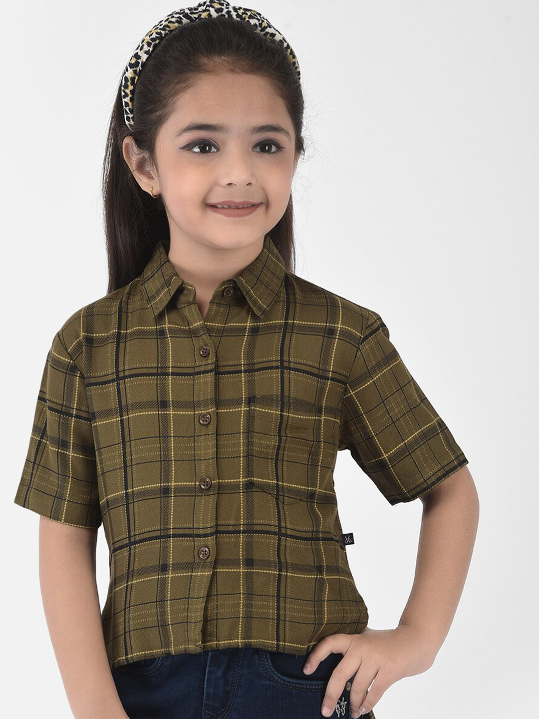 Crimsoune Club Girls Olive Green Slim Fit Tartan Checks High Low Shirt