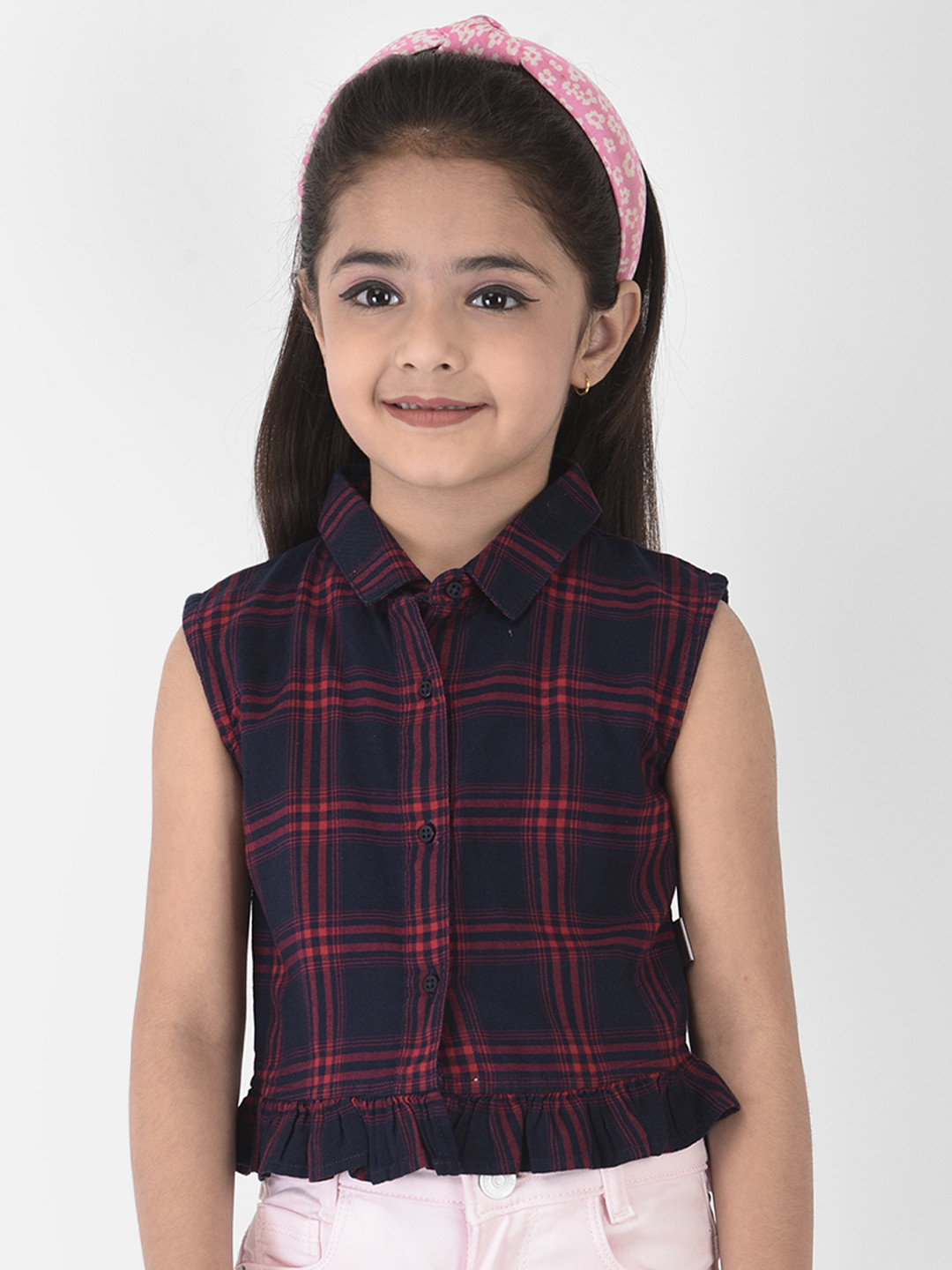 Crimsoune Club Girls Navy Blue Slim Fit Tartan Checks Checked Casual Shirt