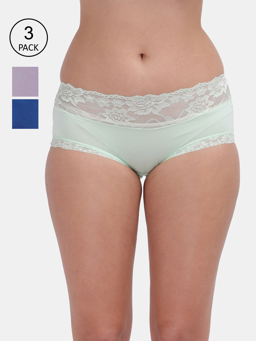 Amour Secret Women Pack Of 3 Blue Solid Lace Hipster Briefs P669_Grn_Muv_Rblu-Green-Mauve