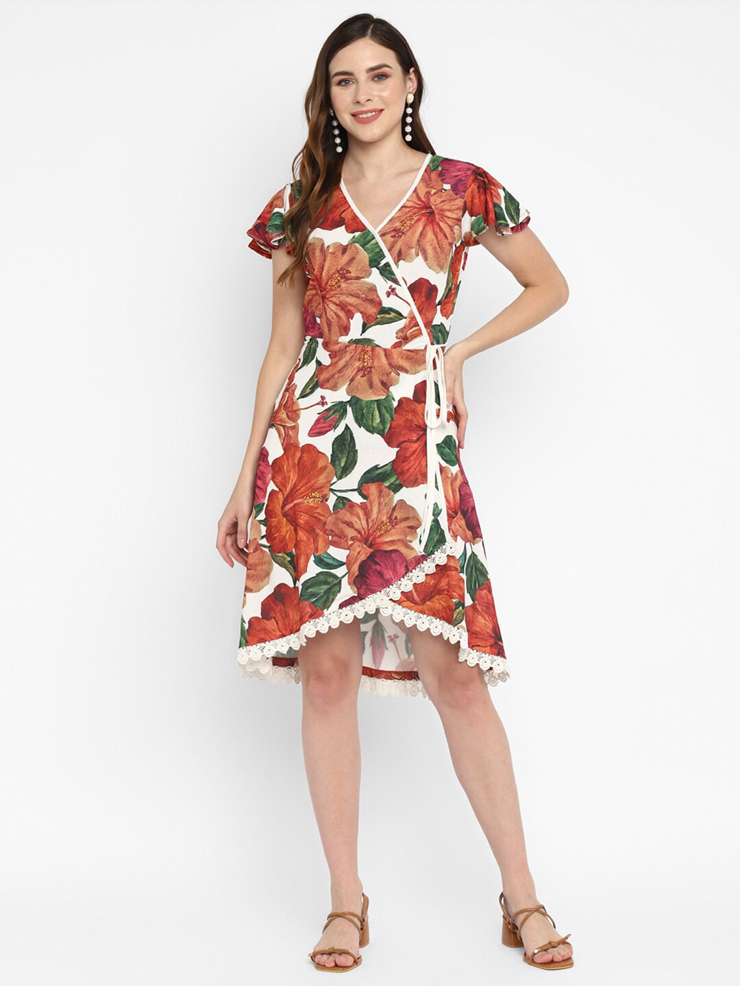 Taurus White & Rust Floral Wrap Tulip Dress