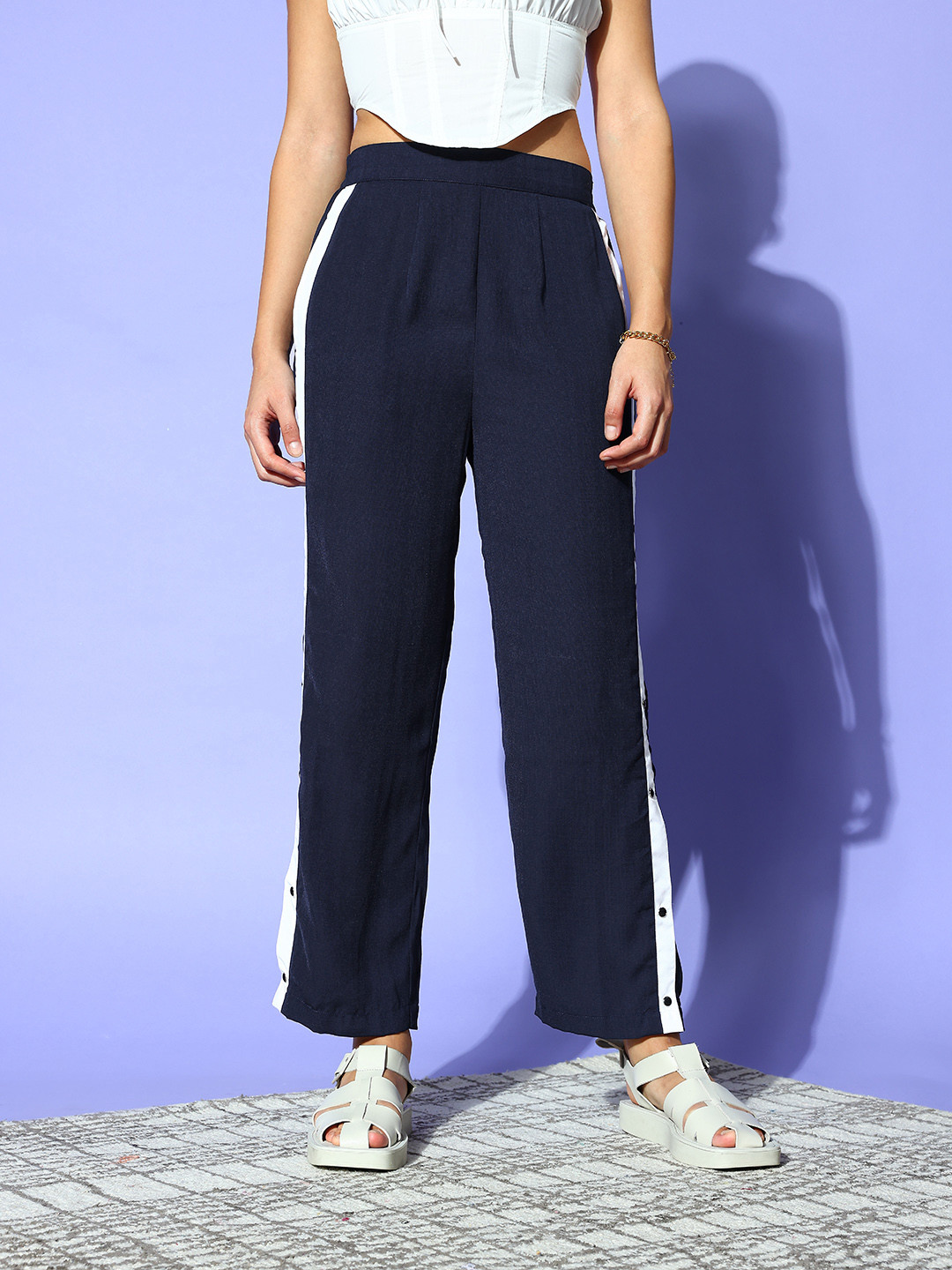 PANIT Women  Navy Blue Solid Roman Column Trousers