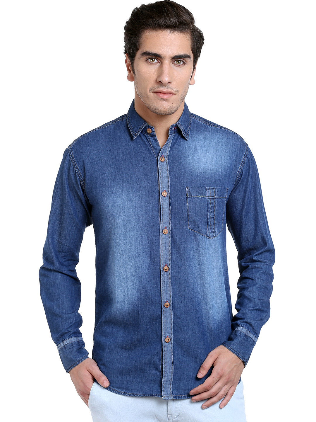 High Star Men Blue Slim Fit Faded Denim Shirt
