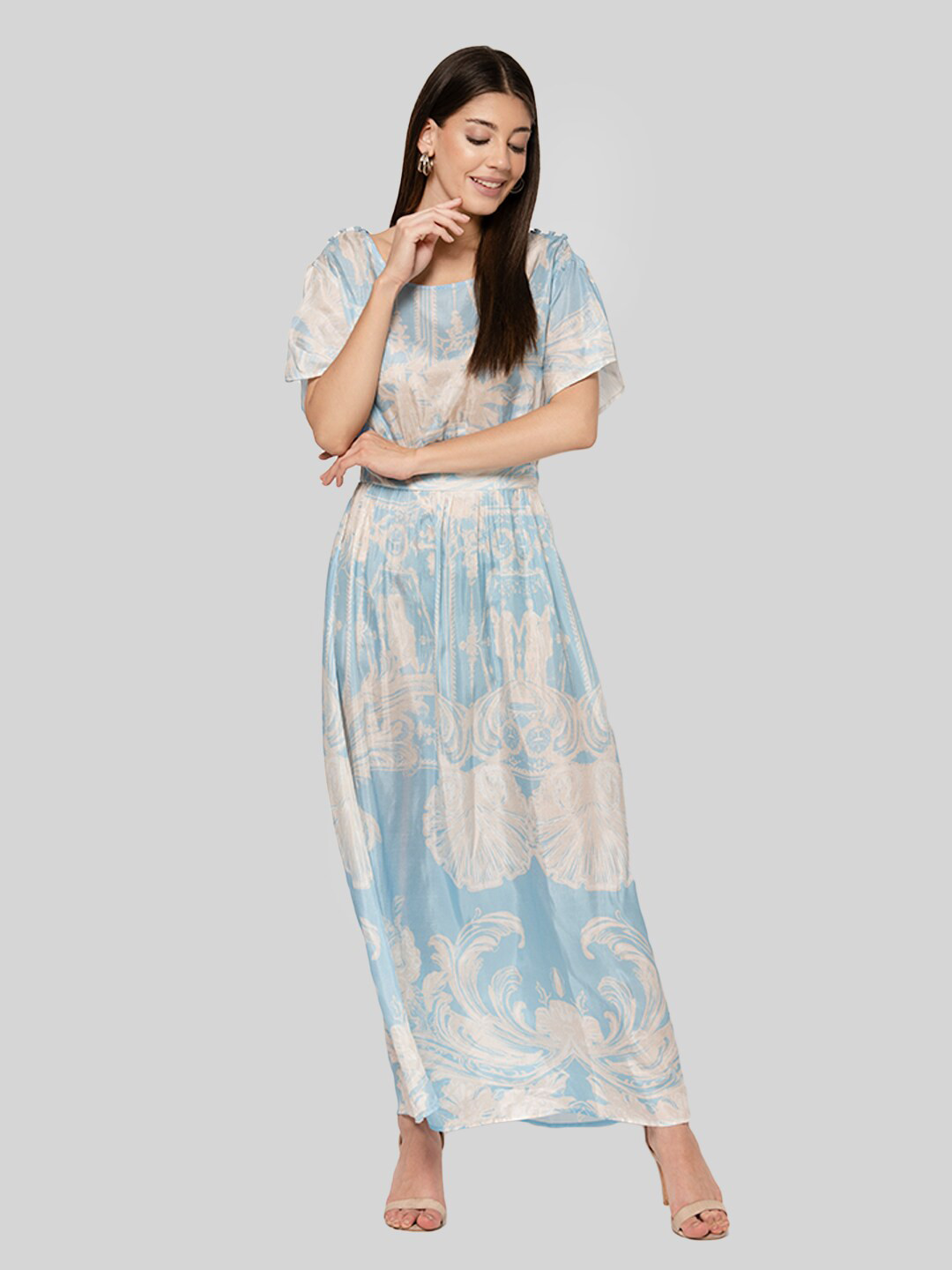 Fuchsia  Blue & Off White Floral Maxi Dress