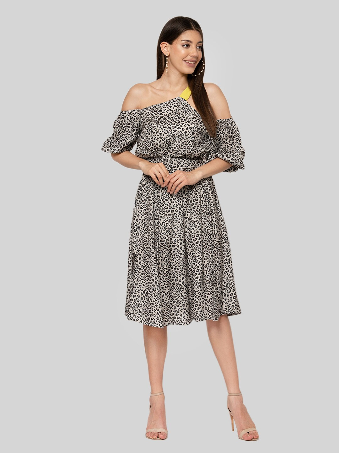 Fuchsia  Beige & Black Animal Off-Shoulder Dress
