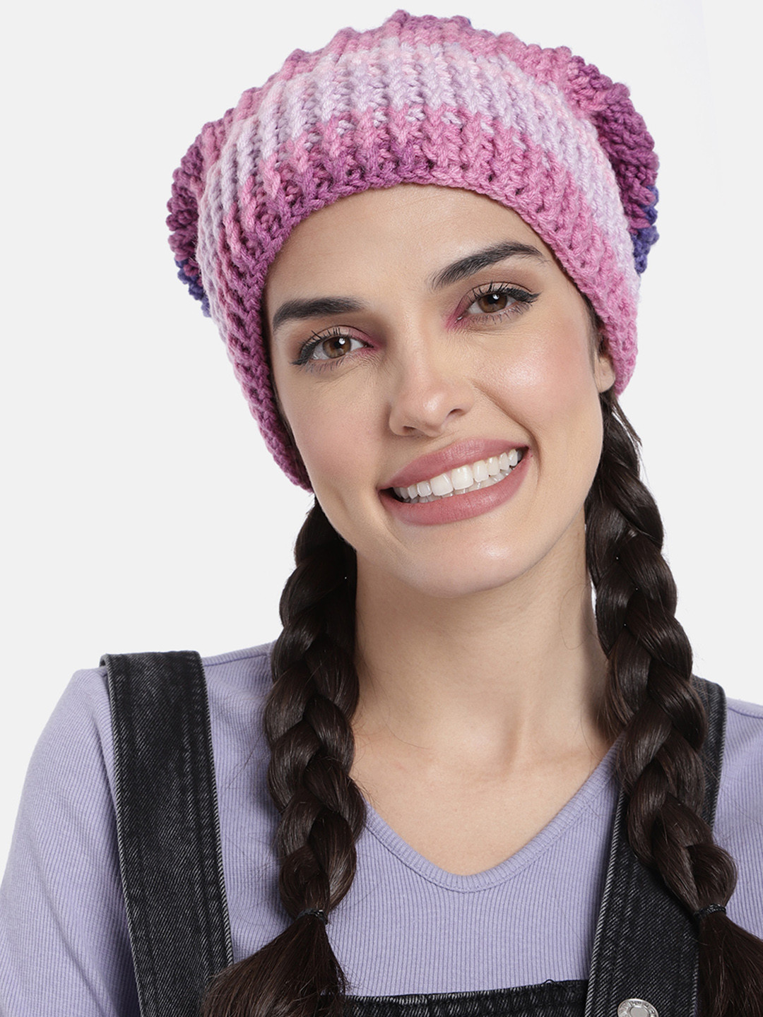 Magic Needles Women Pink & Blue Self Striping Slouch Beanie