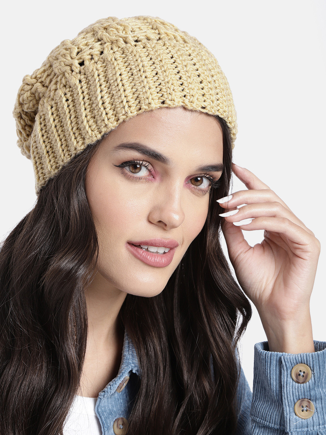Magic Needles Women Beige Cable Knit Beanie