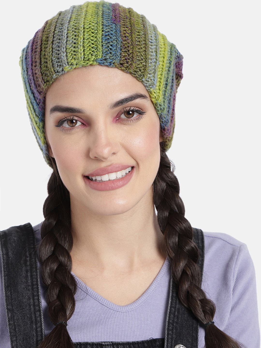 Magic Needles Women Multicoloured Self Striping Beanie