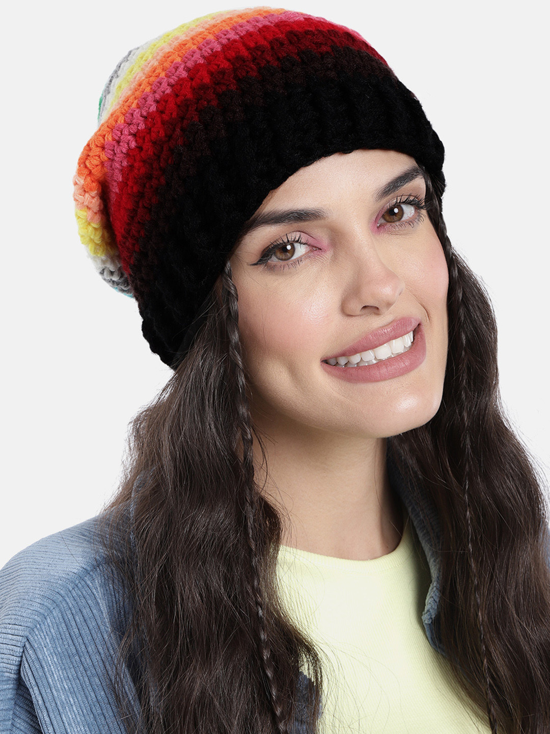 Magic Needles Women Multicoloured Self Striping Beanie