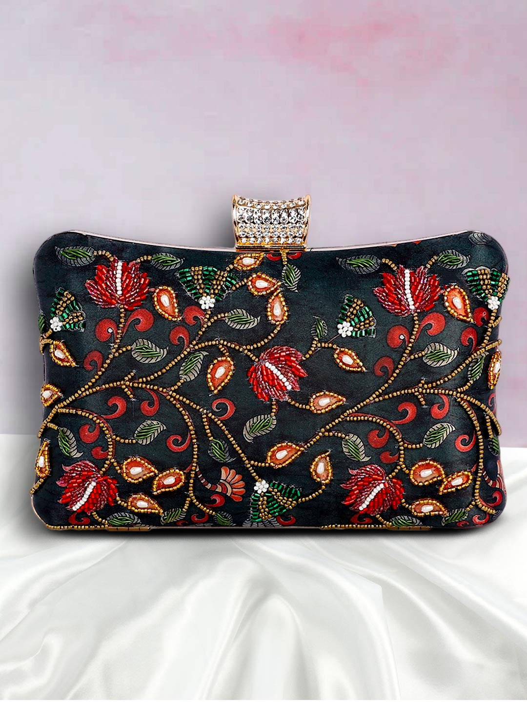ARTFLYCK Green & Red Embroidered Box Clutch