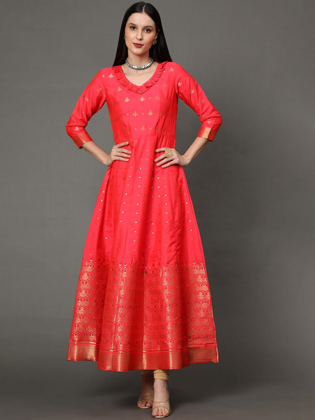 VAANI CREATION Pink Floral Jacquard Ethnic Maxi Dress