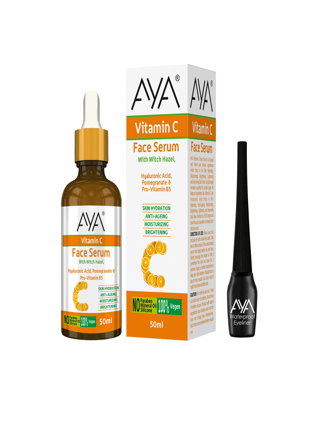 AYA Set Of 2 Vitamin C Face Serum, 50 ml & Waterproof Eyeliner, Black 5 ml
