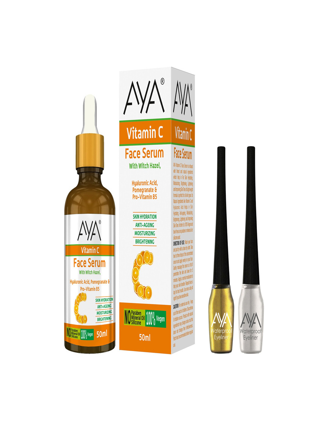 AYA Set Of 3 Vitamin C Face Serum 50 ml With Waterproof Eyeliner Gold & Silver-10 ml Each